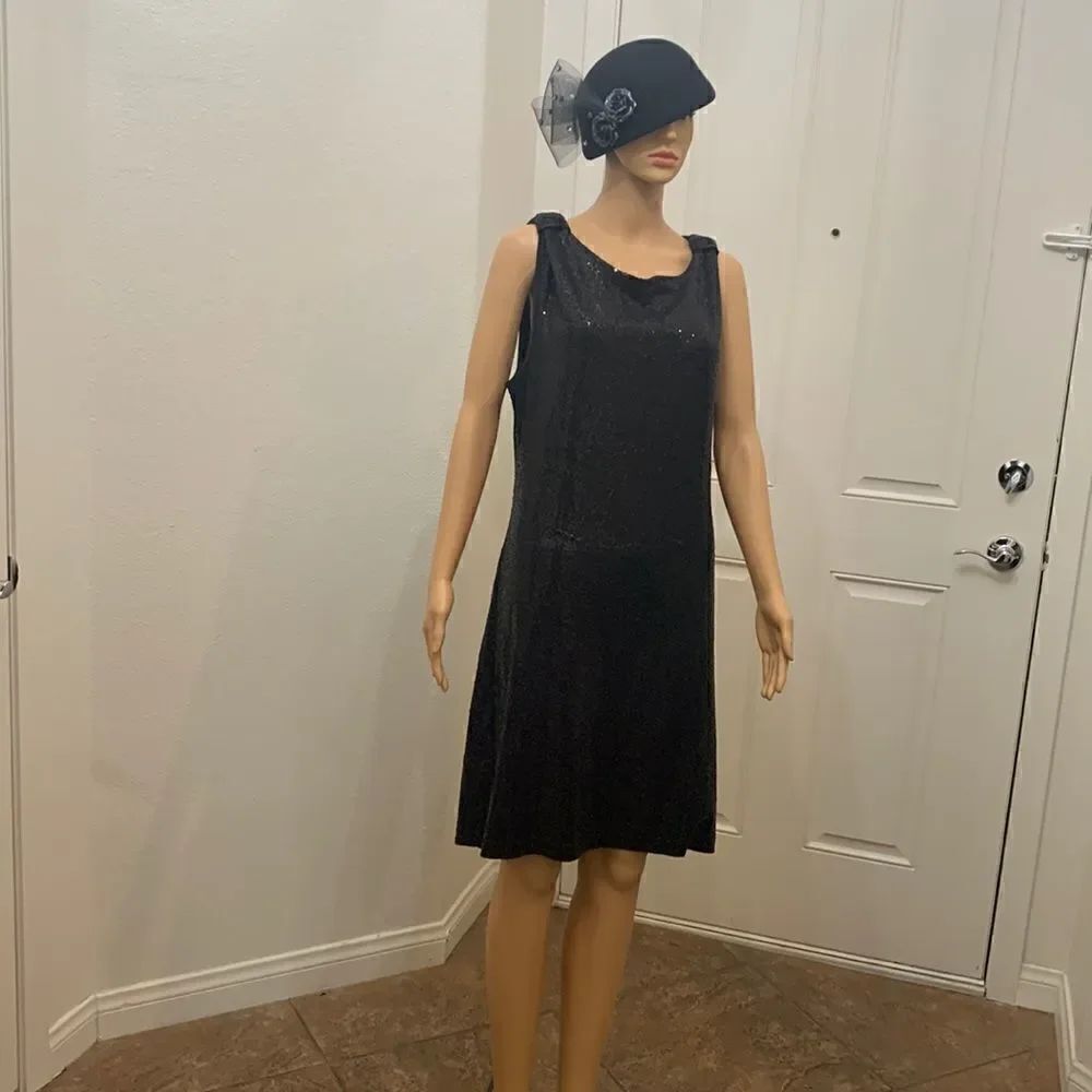 INC International Concepts Black Sequin Short Sleeve Shiny Backless Bow Accent